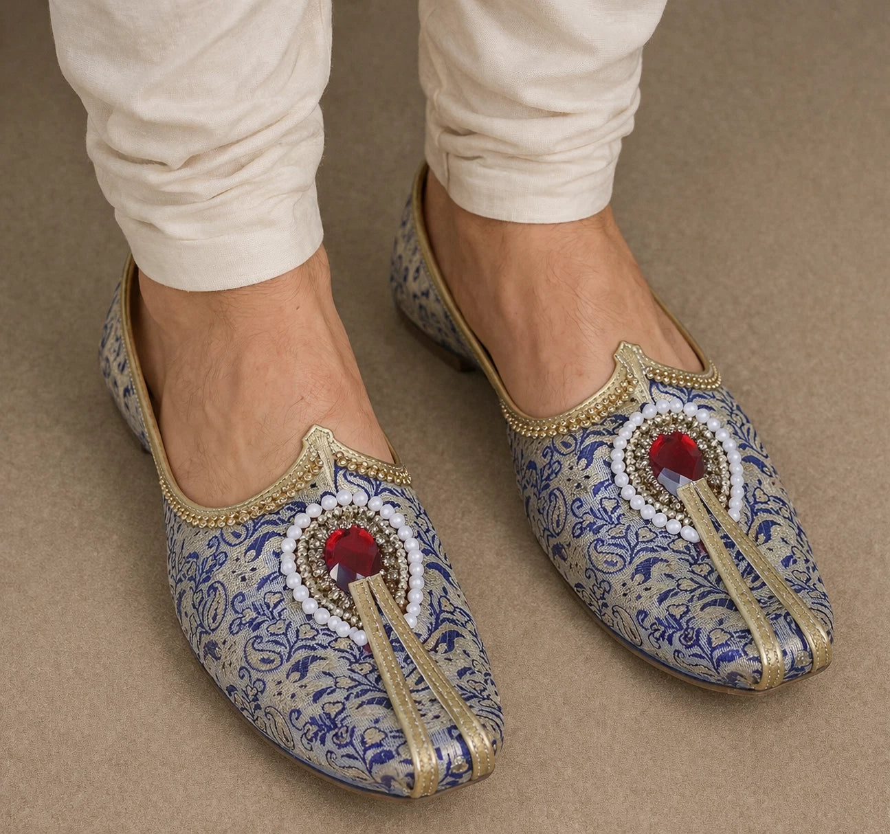 Blue Golden Groom Jutti Shoes Handmade Sherwani Mojari