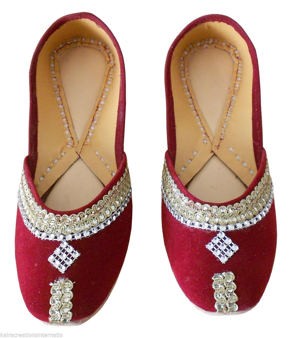 Women Shoes Indian Handmade Jutties Traditional Leather Mojaries Ballerinas Maroon Flip-Flops Flat US 4