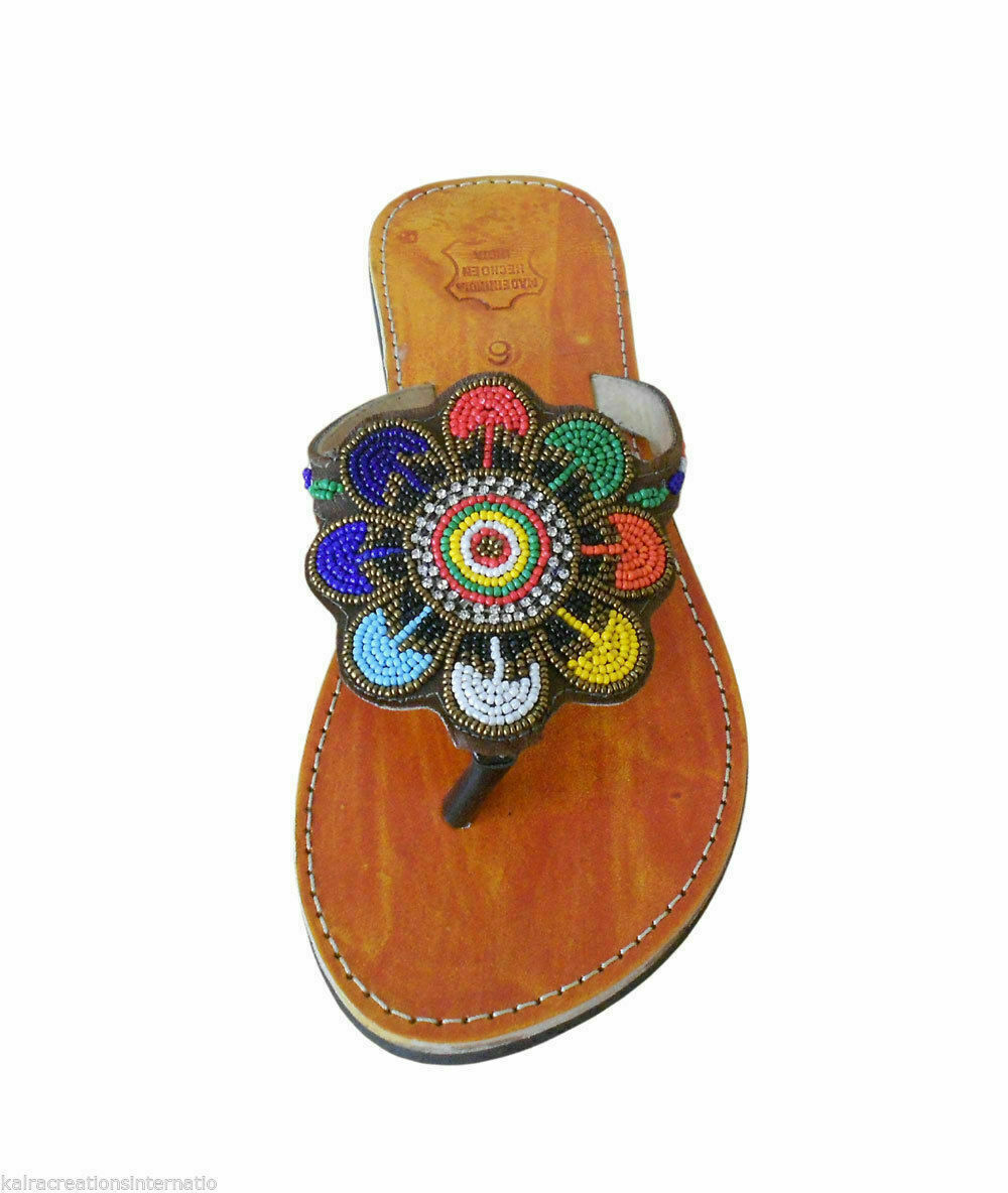 Women Slippers Traditional Beaded Leather Mojaries Slip-Ons Indian Jutties Flip-Flops Flat US 8/10