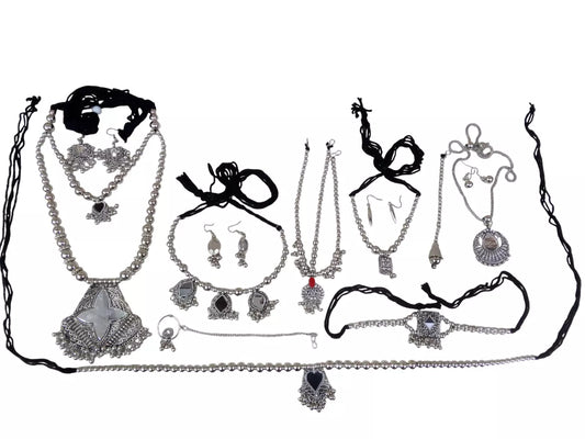 Women Silver Oxidised Necklace With Earrings Pendant Clip On Nose Pin Combo Set