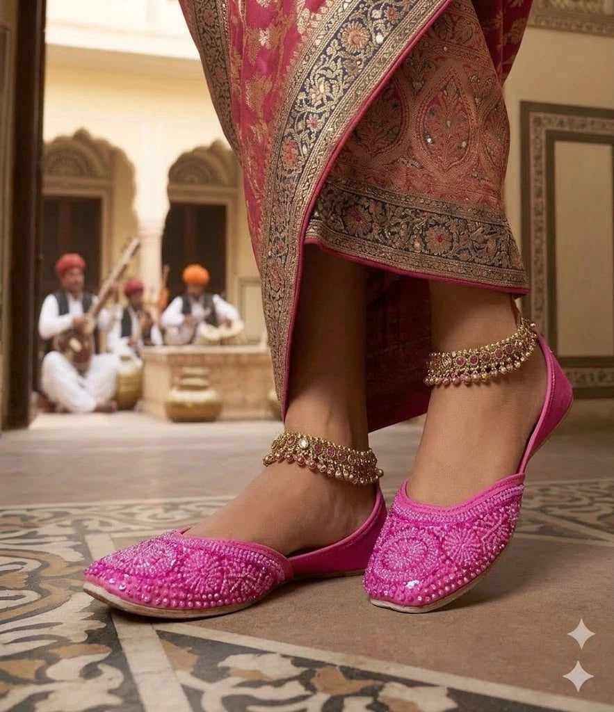 Handmade Bridal Pink Ethnic Flats Mojari