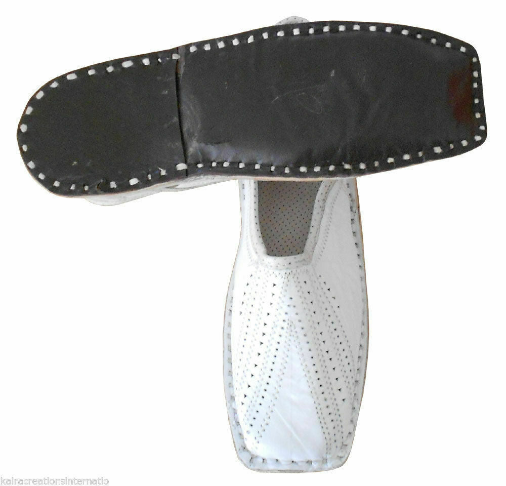 Men Shoes Traditional White Leather Mojaries Indian Handmade White Jutties Flip-Flops Flat US 9