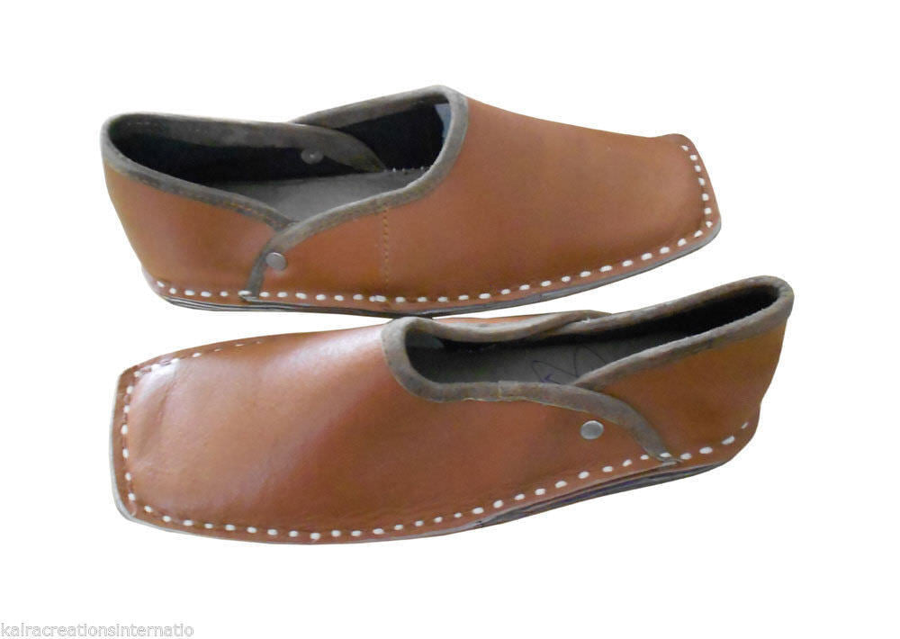 Men Shoes Traditional Handmade Punjabi Khussa Brown Leather Jutties Groom Mojaries Flip-Flops US 8-10