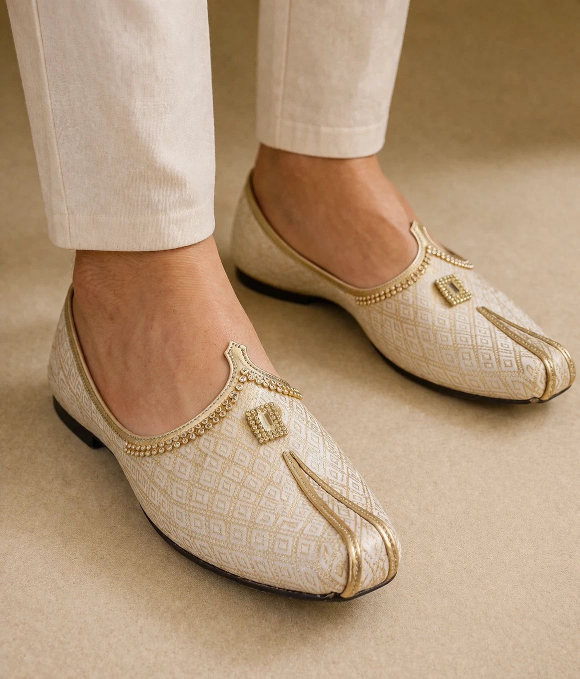 Cream Groom Mojari Shoes Handmade Sherwani Jutti