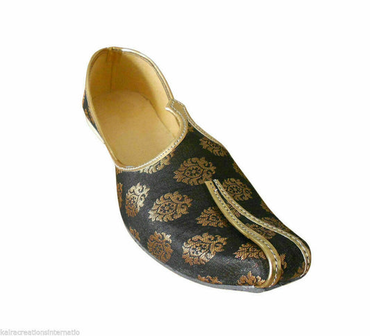 Men Shoes Indian Wedding Punjabi Khussa Handmade Leather Black Mojaries Flip Flops Flat US 6
