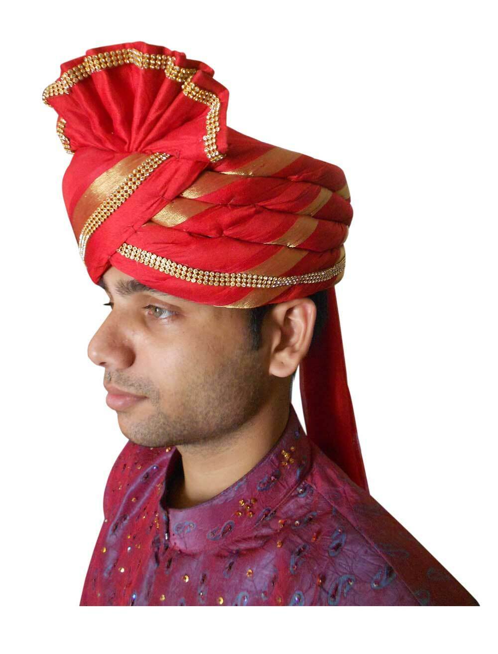 Men Hat Traditional Sherwani Pagri Handmade Safa Groom Red Turban Pag Top