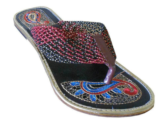 Women Slippers Traditional Mojaries Beaded Leather Slip-Ons Indian Jutties Flip-Flops Flat US 8/9