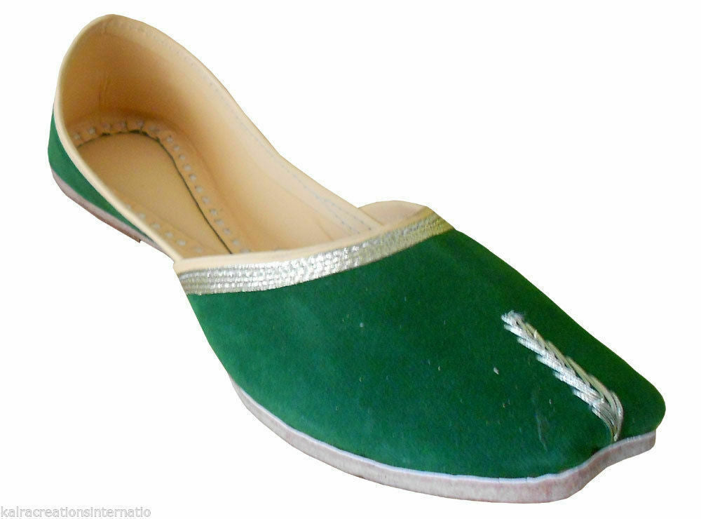 Women Shoes Mojaries Indian Handmade Green Leather Ballerinas Jutties Flip-Flops Flat US 8