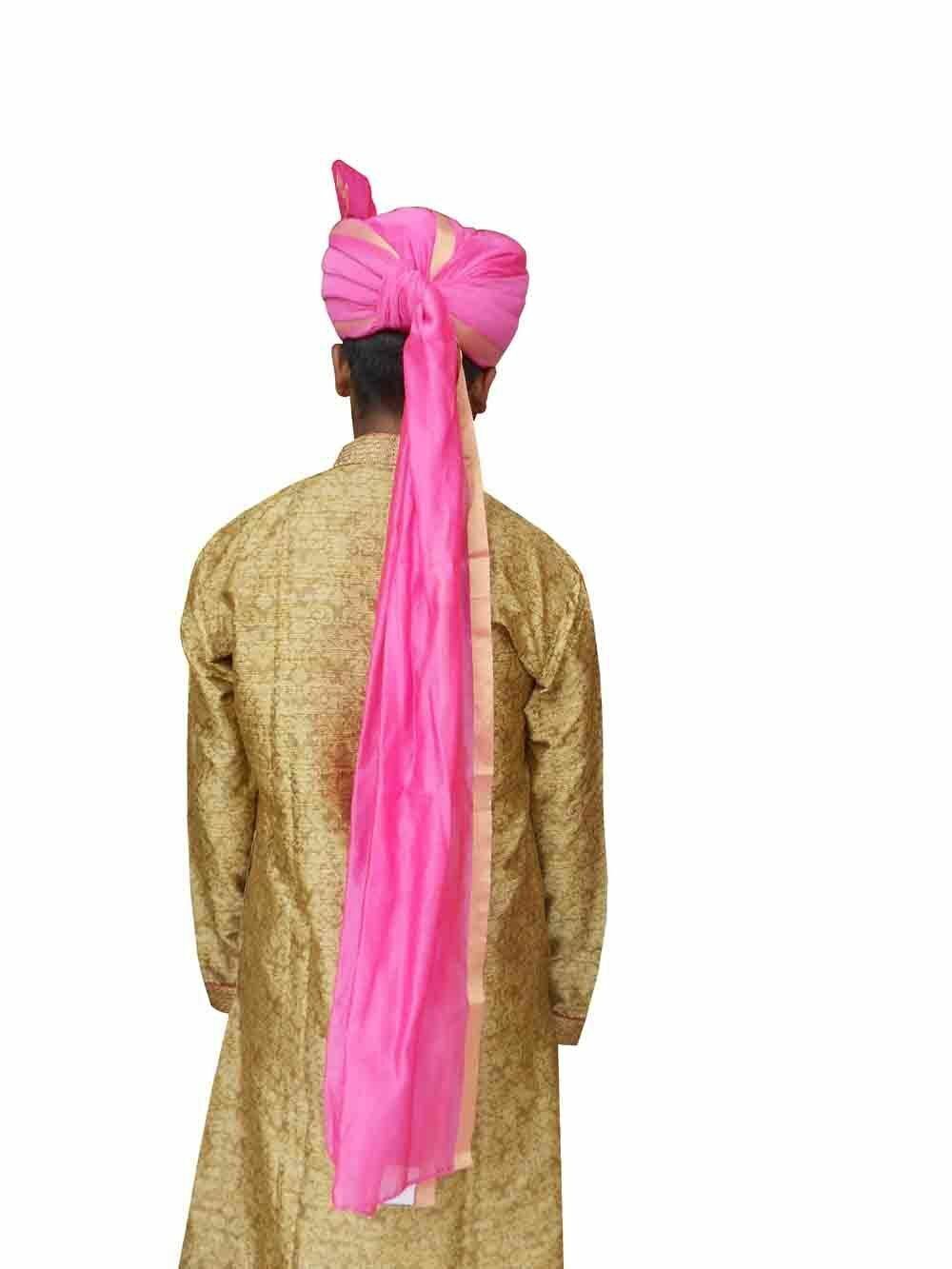 Men Hat Indian Banarasi Silk Turban Wedding Pink Pagri Handmade Pag Safa Top