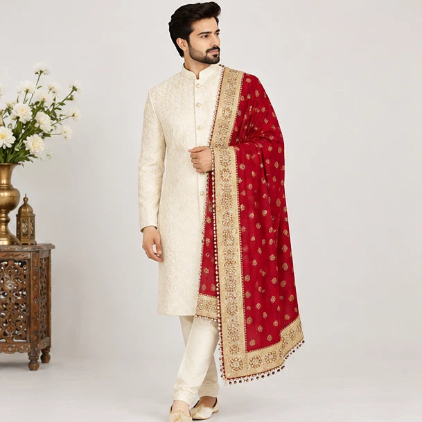 Groom Sherwani Dupatta Red Silk Wedding Stole