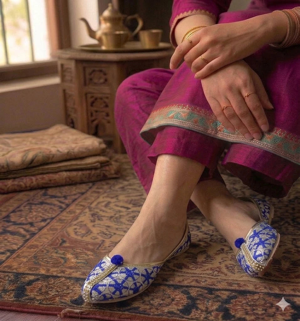 Women Handmade Bridal Blue Gold Jutti Ethnic Flats Mojari