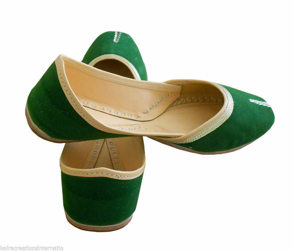 Women Shoes Mojaries Indian Handmade Green Leather Ballerinas Jutties Flip-Flops Flat US 8