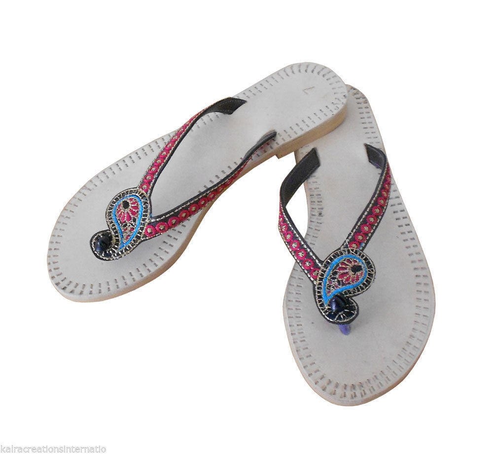 Women Slippers Indian Handmade Leather Mojaries Cream Casual Slipper Flip-Flops Flat US 8.5
