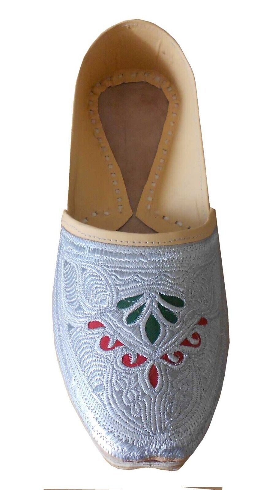 Men Shoes Traditional Leather Punjabi Espadrilles Handmade Cream With Silver Jutties Loafers & Slip Ons Flip-Flops Flat US 11