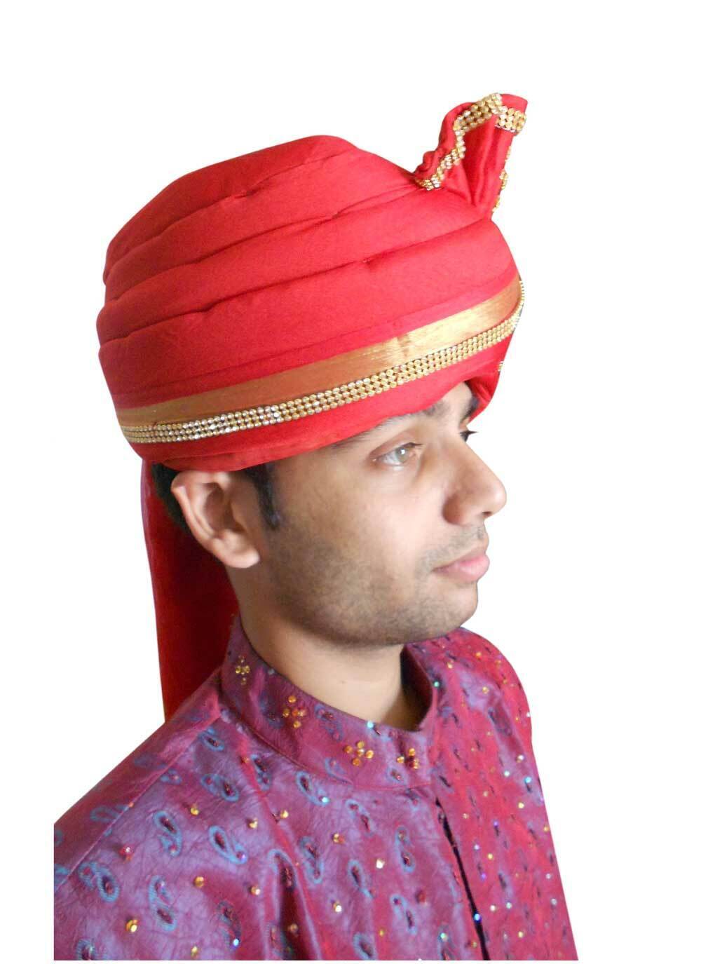 Men Hat Traditional Sherwani Pagri Handmade Safa Groom Red Turban Pag Top