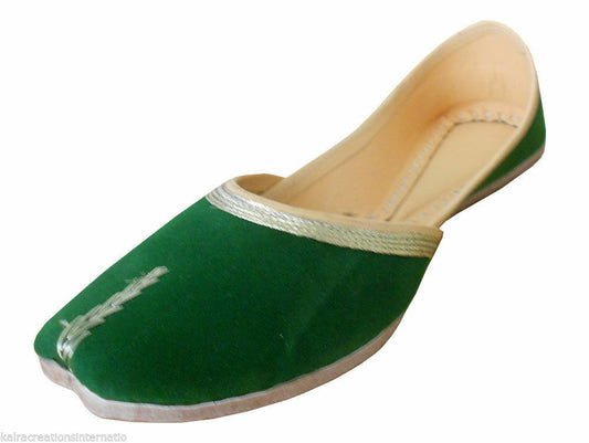 By Kalra Creations Women Shoes Mojaries Indian Handmade Green Leather Ballerinas Jutties Flip-Flops Flat US 8
