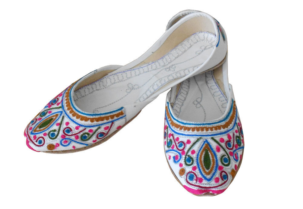 Women Shoes Indian Traditional Handmade Jutties Designer White Ballet Mojaries Flip-Flops Flat US 6