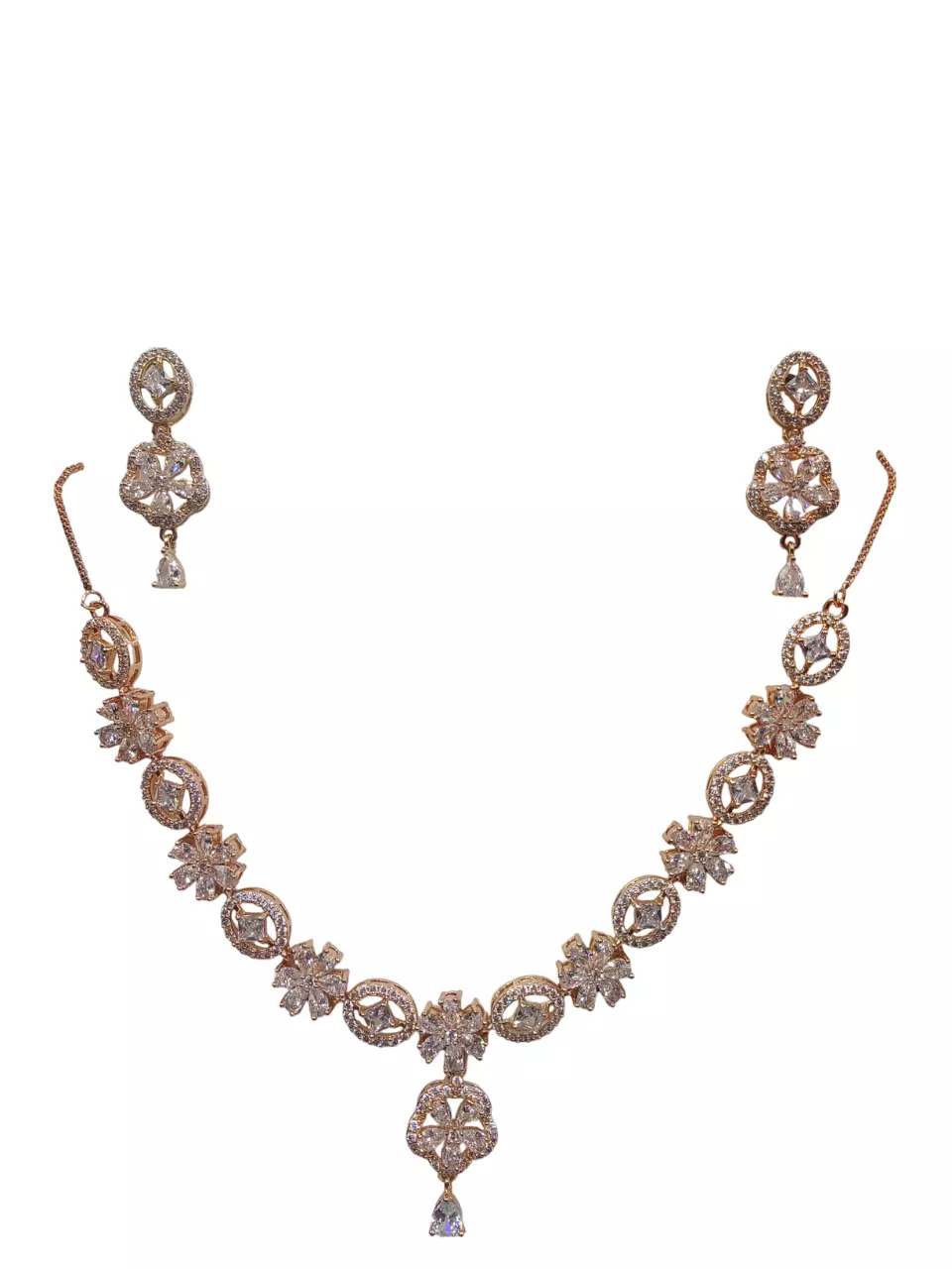 Women Necklace Jewelry Earrings Indian Bollywood Bridal AD Set Rose Gold Plated