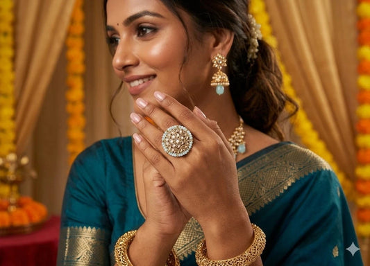 Gold Look Polki Kundan Ring for Women Adjustable Designer Ethnic Ring