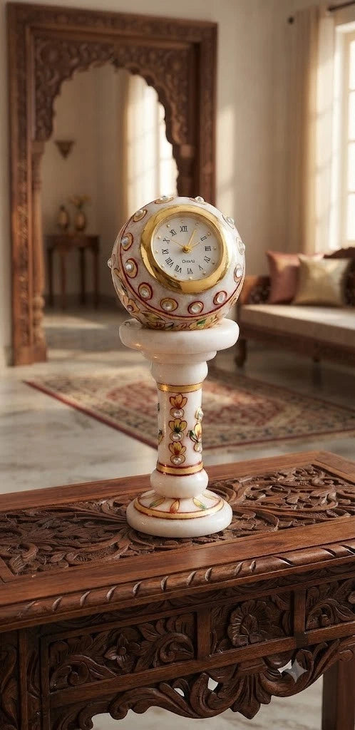 Indian Handmade Traditional Home Decor Clock Marble Handicraft Pillar