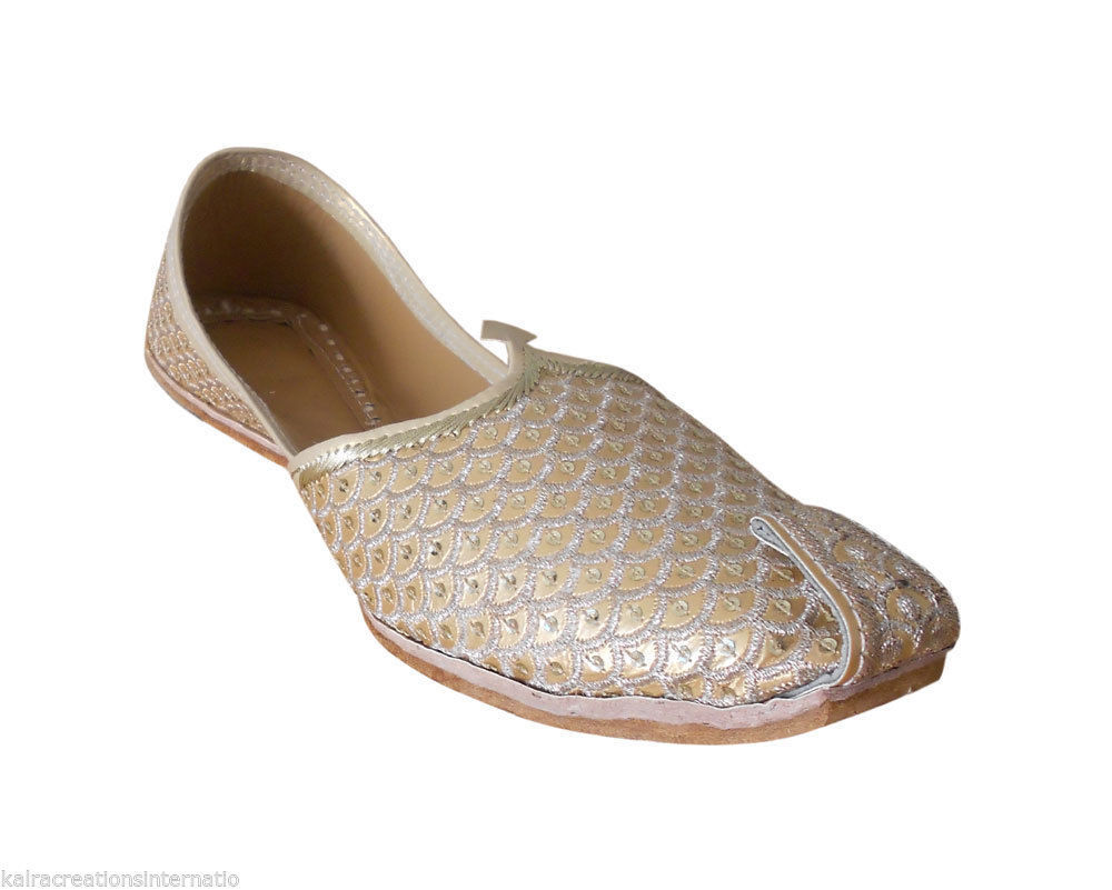 Men Shoes Traditional Wedding Gold Punjabi Khussa Loafers Slip Ons Mojaries Flip-Flops Flat US 7