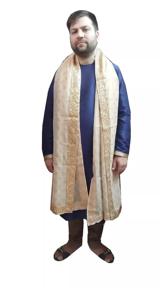 By Kalra Creations Men Silk Dupatta Indian Traditional Scarves Cream Wedding Groom Handmade Stole