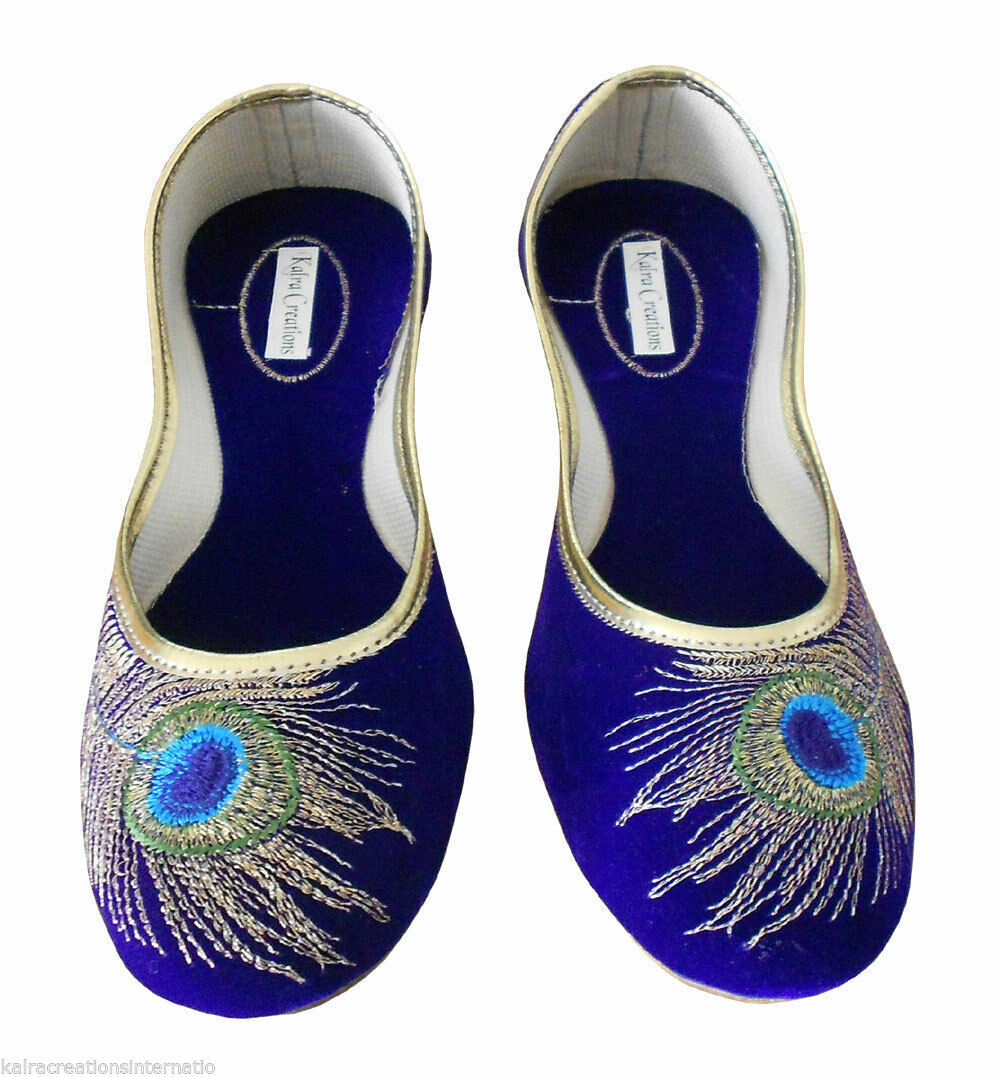 By Kalra Creations Women Shoes Indian Khussa Ethnic Jutties Handmade Blue Mojaries Peacock Print Flip-Flops US 5-10