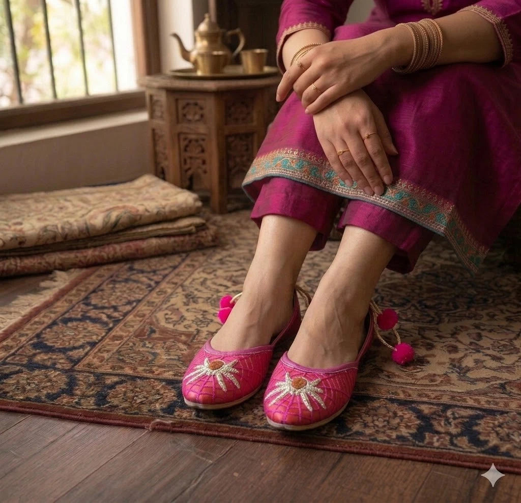 Handmade Bridal Pink Red Mojari Ethnic Flats Jutti