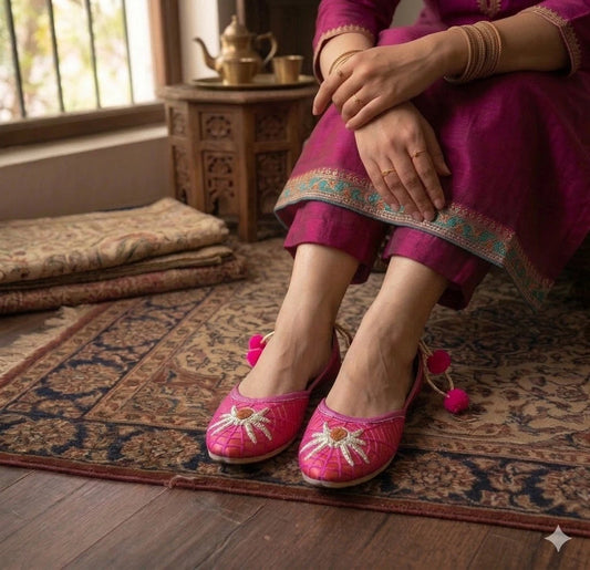 Handmade Bridal Pink Red Mojari Ethnic Flats Jutti