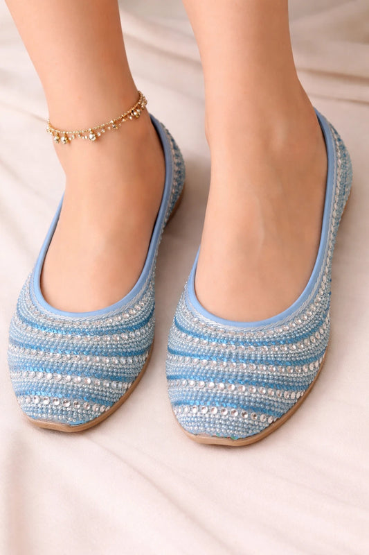 Handmade Bridal Sky Blue Ethnic Flats Mojari
