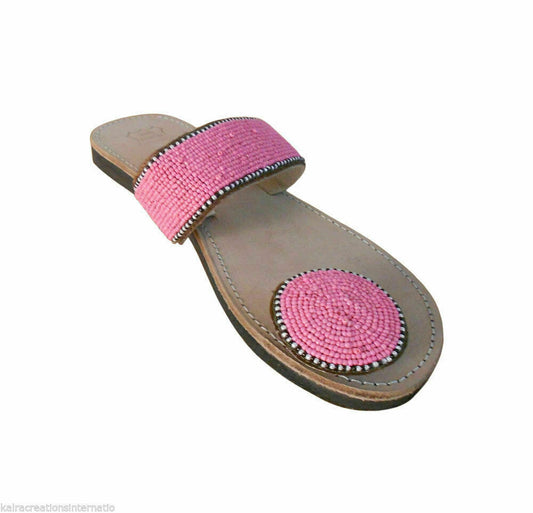 By Kalra Creations Women Slippers Indian Jutties Ethnic Handmade Cream With Pink Mojaries Beaded Slip-Ons Flip-Flops Flat US 6-9