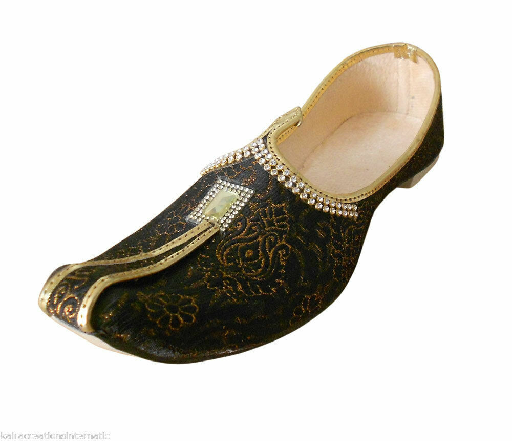 Men Shoes Handmade Mojaries Sherwani Black Khussa Indian Loafers & Slip Ons Flip-Flops Flat US 6