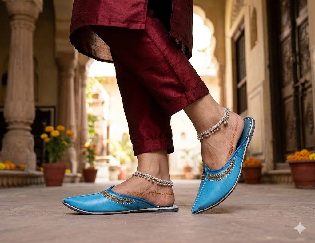 Handmade Bridal Sky Blue Clogs Ethnic Flats Slippers