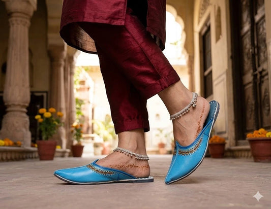 Handmade Bridal Sky Blue Clogs Ethnic Flats Slippers