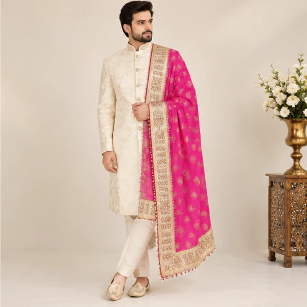 Groom Sherwani Dupatta Pink Silk Wedding Stole
