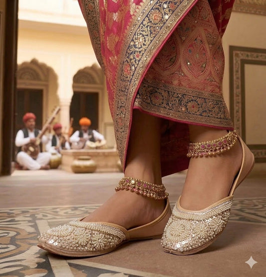 Women Handmade Bridal Cream Jutti Ethnic Flats Mojari