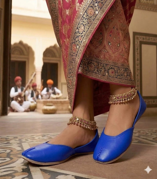 Women Handmade Bridal Jutti Blue Ethnic Flats Mojari
