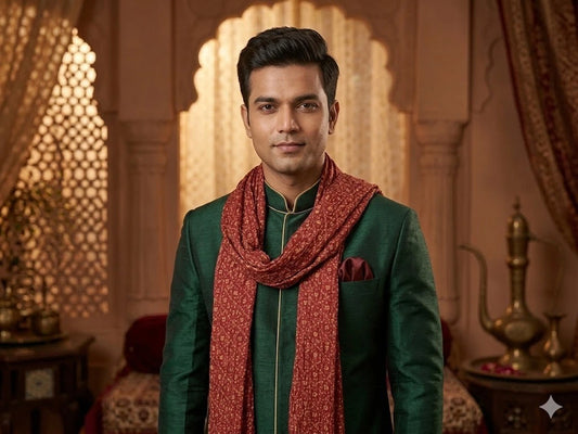 Groom Sherwani Dupatta Red Silk Wedding Stole