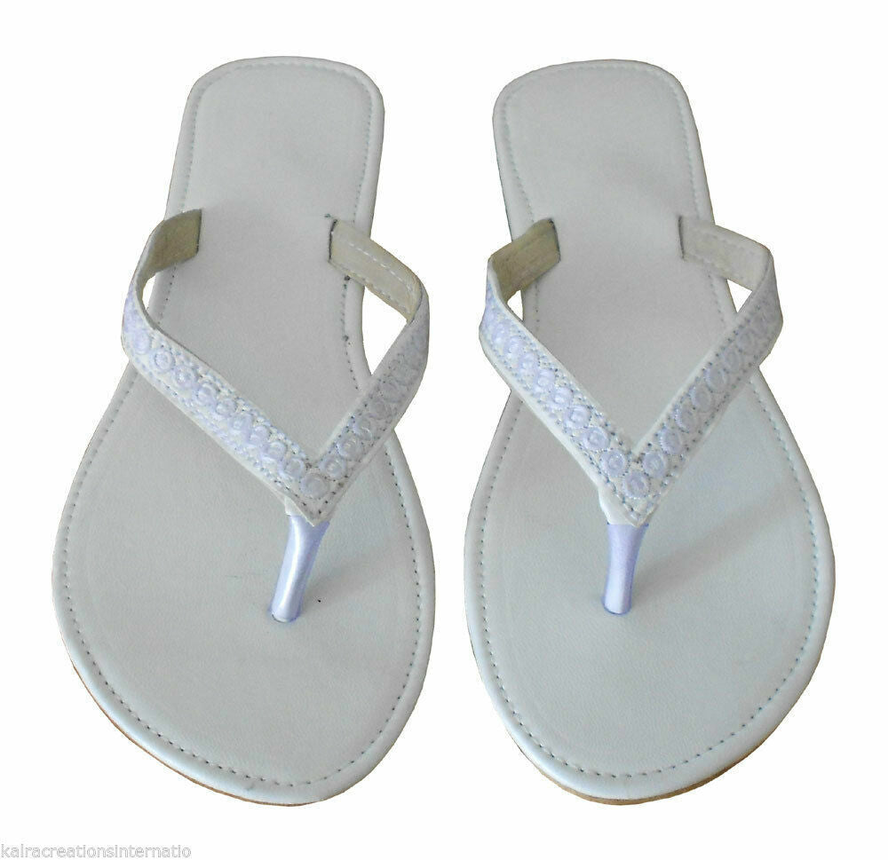 Women Slippers Indian Handmade Leather Cream Mojaries White Jutties Flip-Flops US 7
