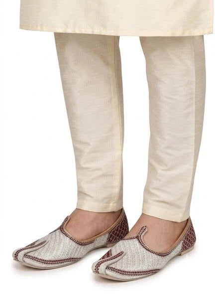Indian Handmade Groom Mojari Shoes Cream Maroon Wedding Jutti