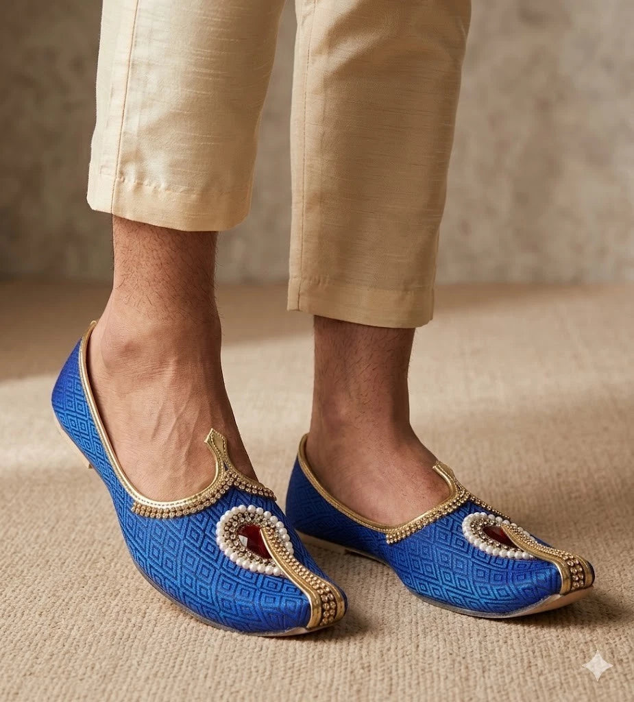 Handmade Men Shoes Wedding Loafers Groom Blue Jutties