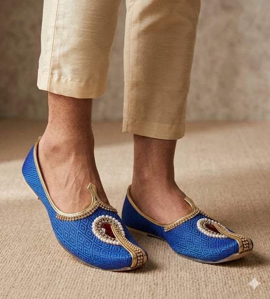 Handmade Men Shoes Wedding Loafers Groom Blue Jutties