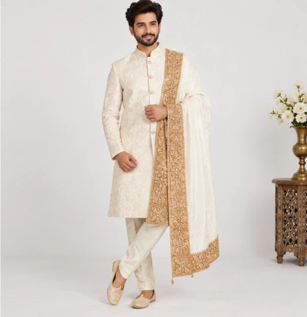 Men Silk Stole Indian Traditional Scarves White Wedding Groom