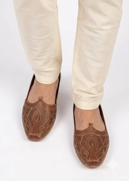 Handmade Brown Sliver Mojari Leather Khussa Jutti
