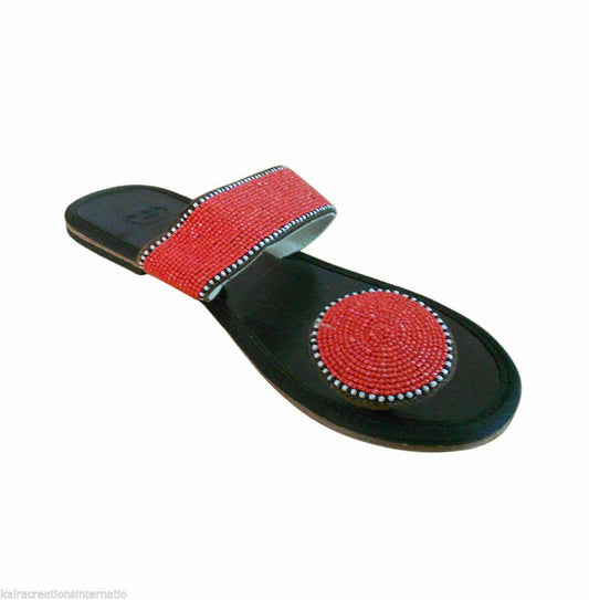 By Kalra Creations Women Slippers Indian Handmade Mojaries Beaded Leather Jutties Slip-Ons Flip-Flops US 9