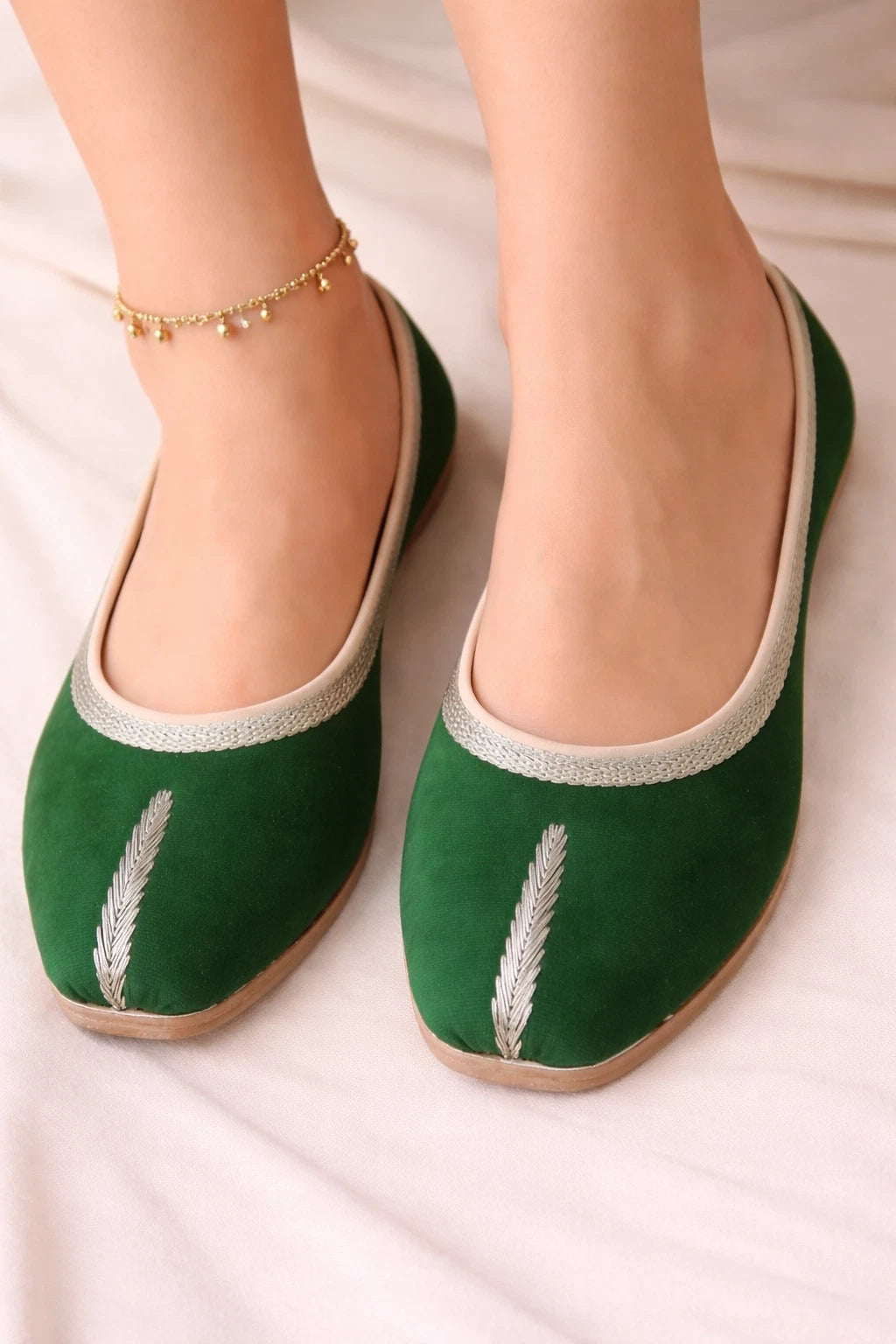 Handmade Bridal Green Jutti Ethnic Flats Mojari