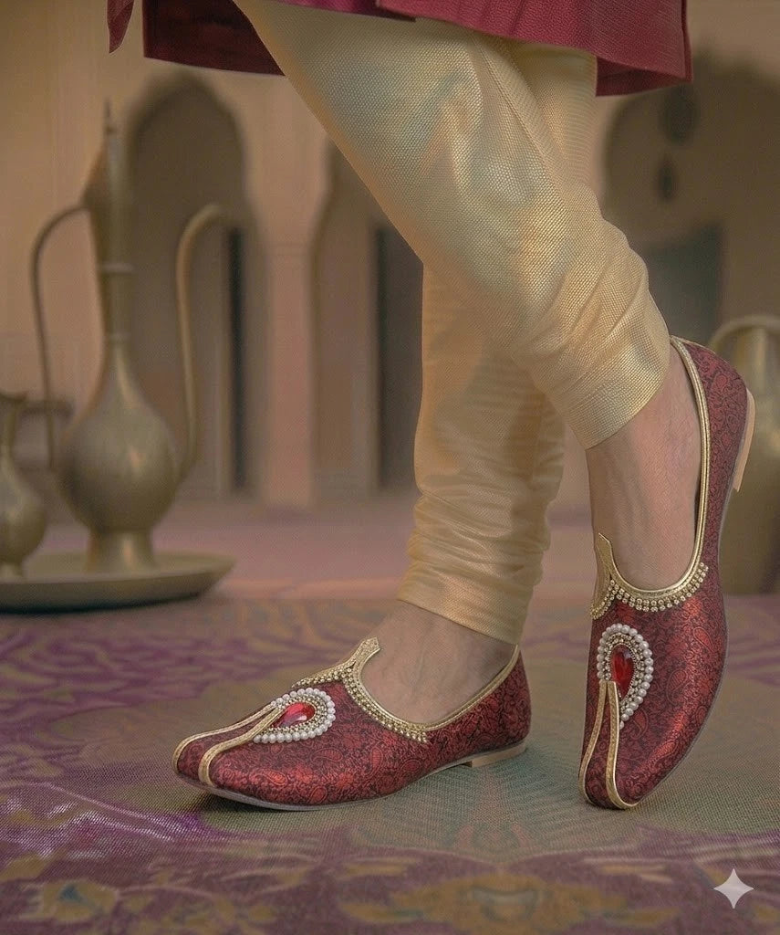 Traditional Indian Men Shoes Maroon Black Wedding Jutti