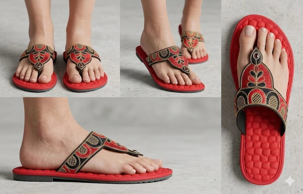 Women Handmade Bridal Red Ethnic Flats Slippers