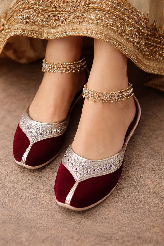 Handmade Bridal Maroon Jutti Ethnic Flats Mojari