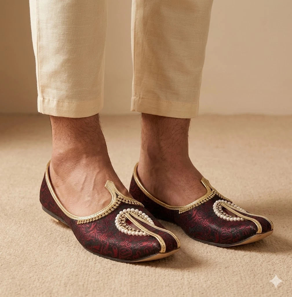 Handmade Wedding Jutti for Men Maroon Black Mojari